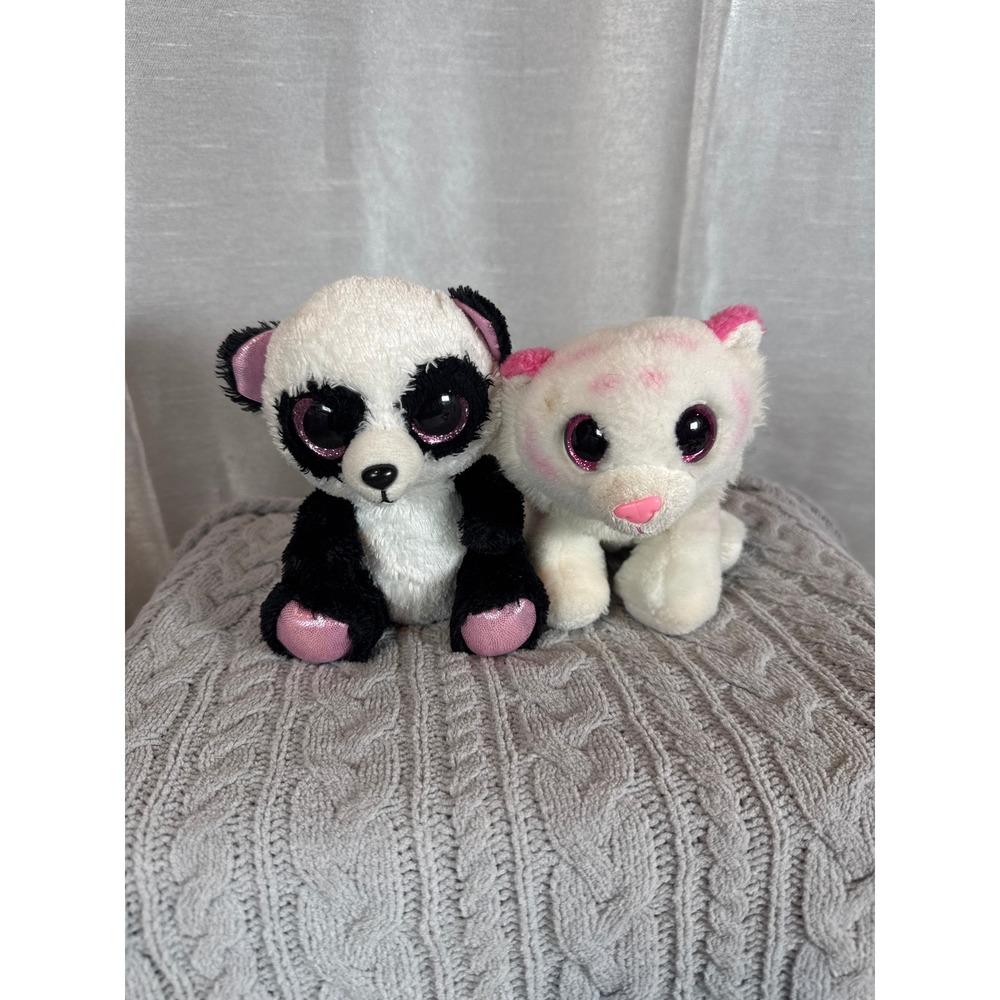 Ty Beanie Boos Set 2 Plush Toys Panda Bear & White Tiger Large Eyes‎ Glitter